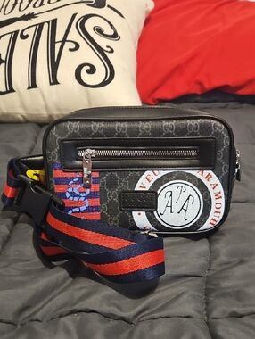 Gucci Black GG Canvas Belt Bag with Red and Blue Striped Strap